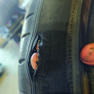 Tyre damage caused by the pothole on George Downes Drive